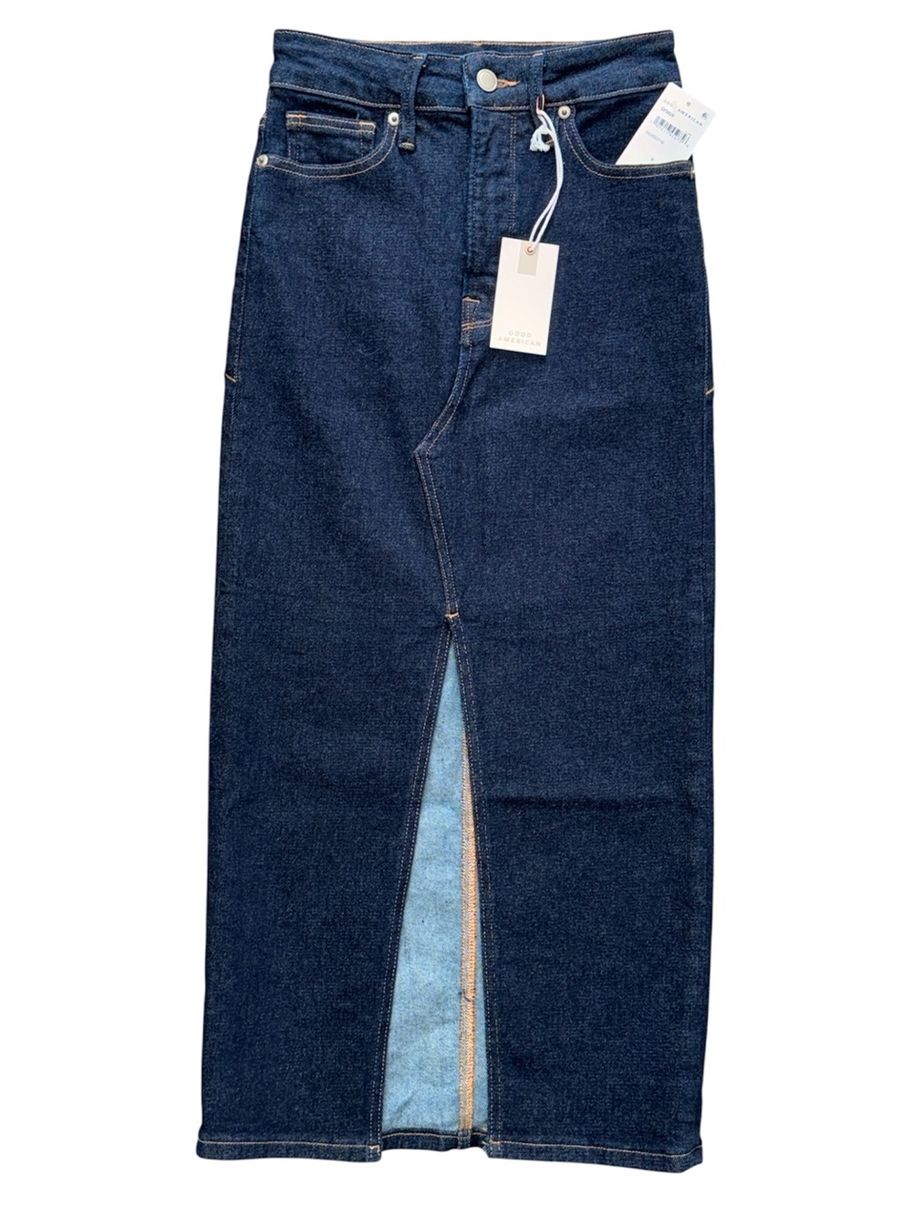 GOOD AMERICAN Denim Midi Skirt NWT Size 0 Dark Wash Front Slit Stretch Skirt
